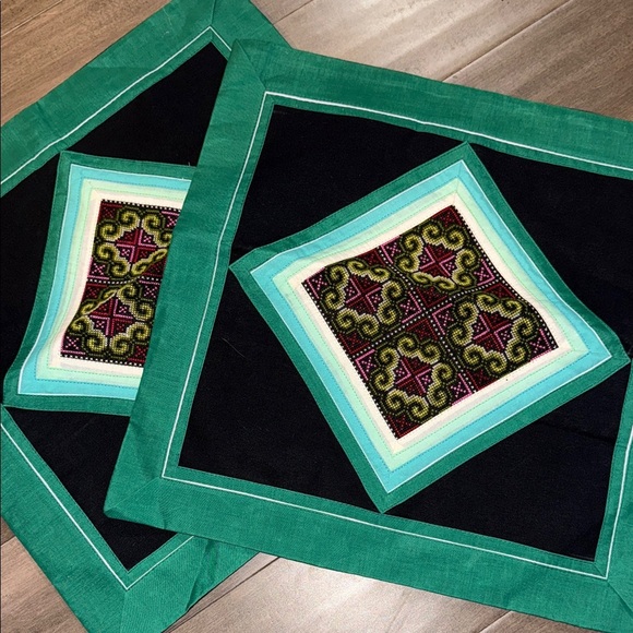 Hmong Quilted & Cross Stitched Pillow Cover Set of 2 - Picture 1 of 4